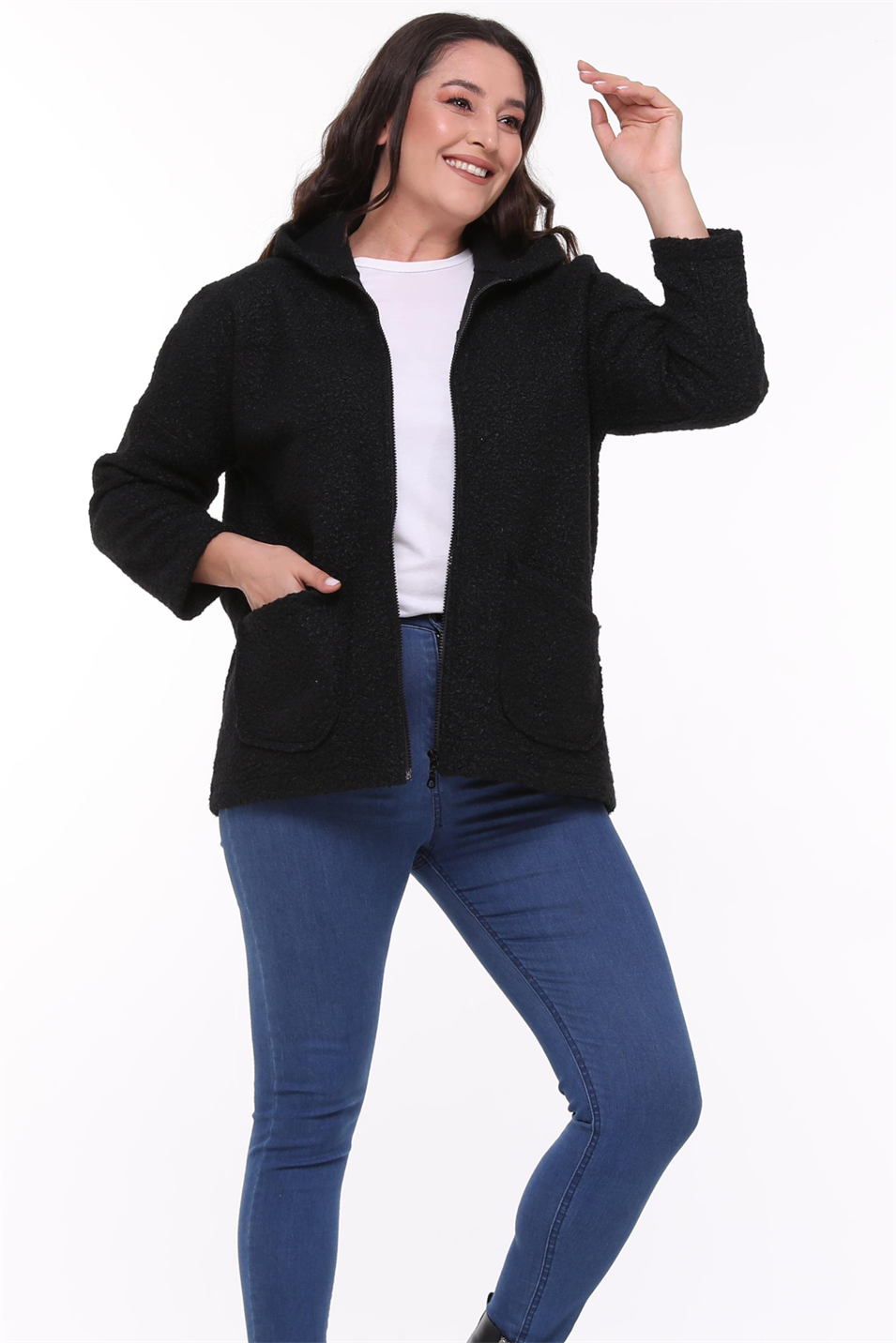 Kapüşonlu Buklet Büyük Beden Kısa Mont Siyah