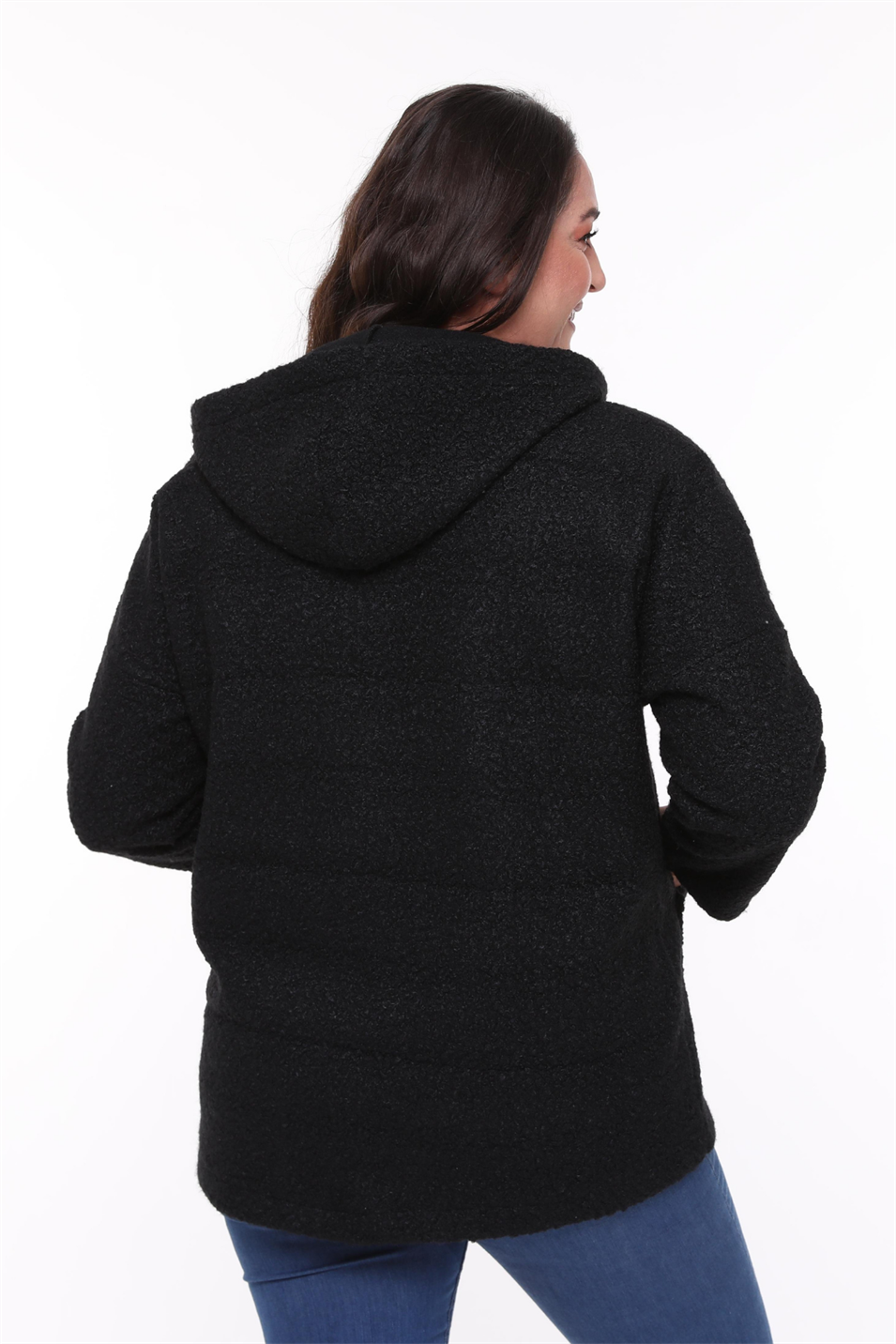 Kapüşonlu Buklet Büyük Beden Kısa Mont Siyah