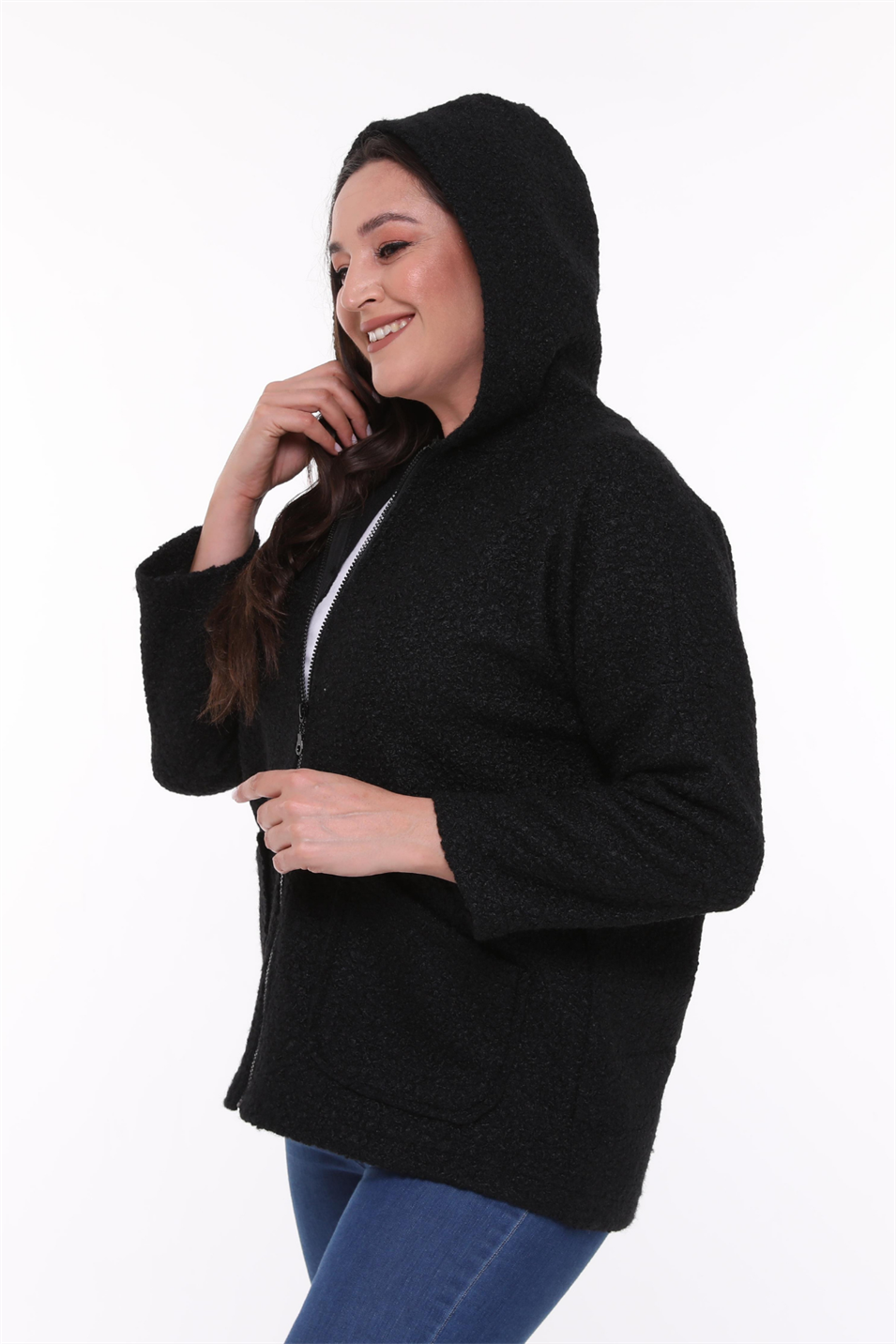 Kapüşonlu Buklet Büyük Beden Kısa Mont Siyah