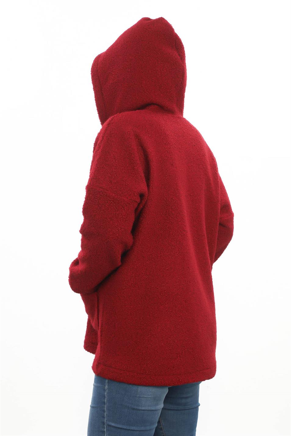 Kapüşonlu Buklet Büyük Beden Kısa Mont Bordo