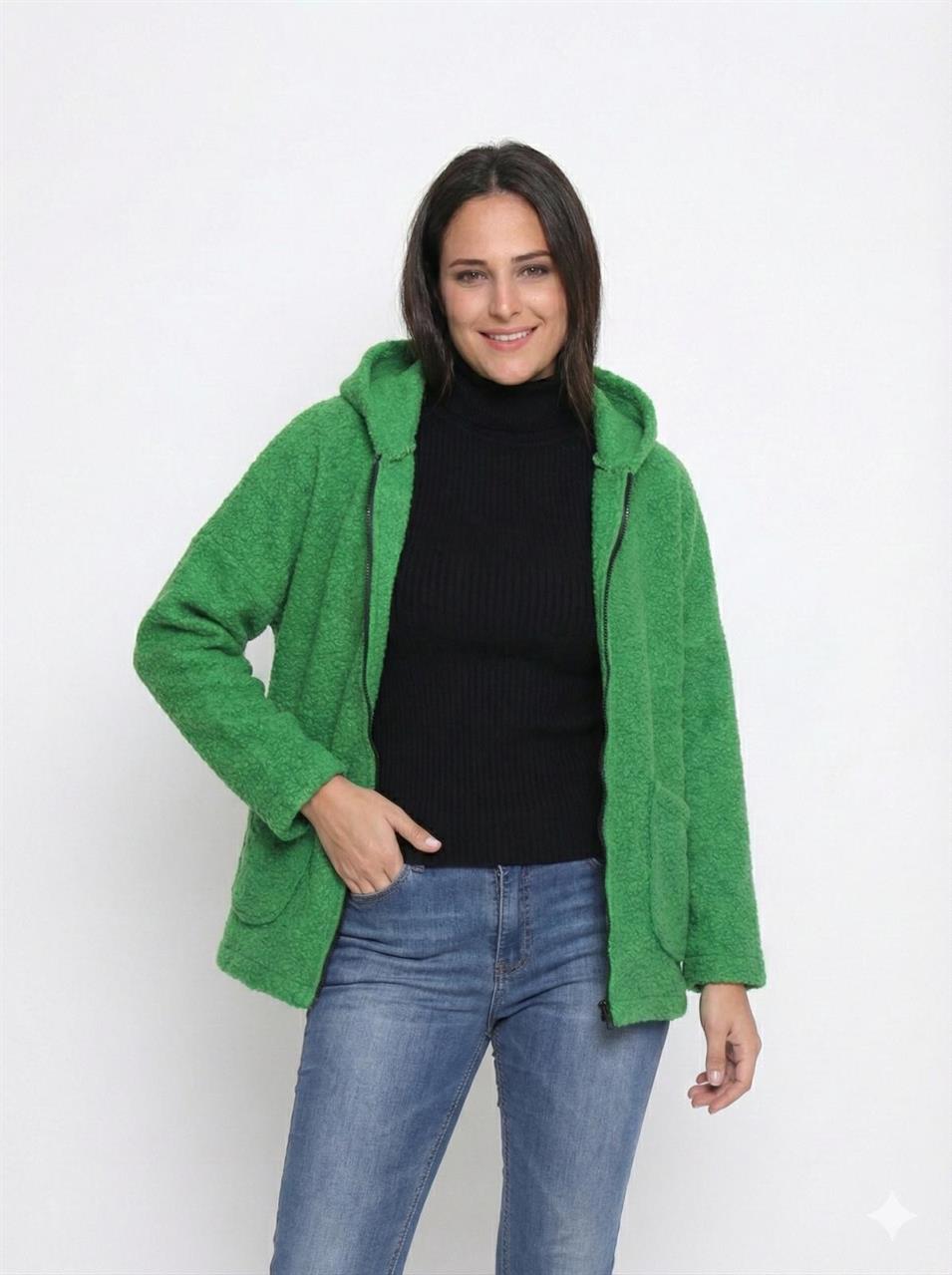Kapüşonlu Buklet Büyük Beden Kısa Mont Yeşil