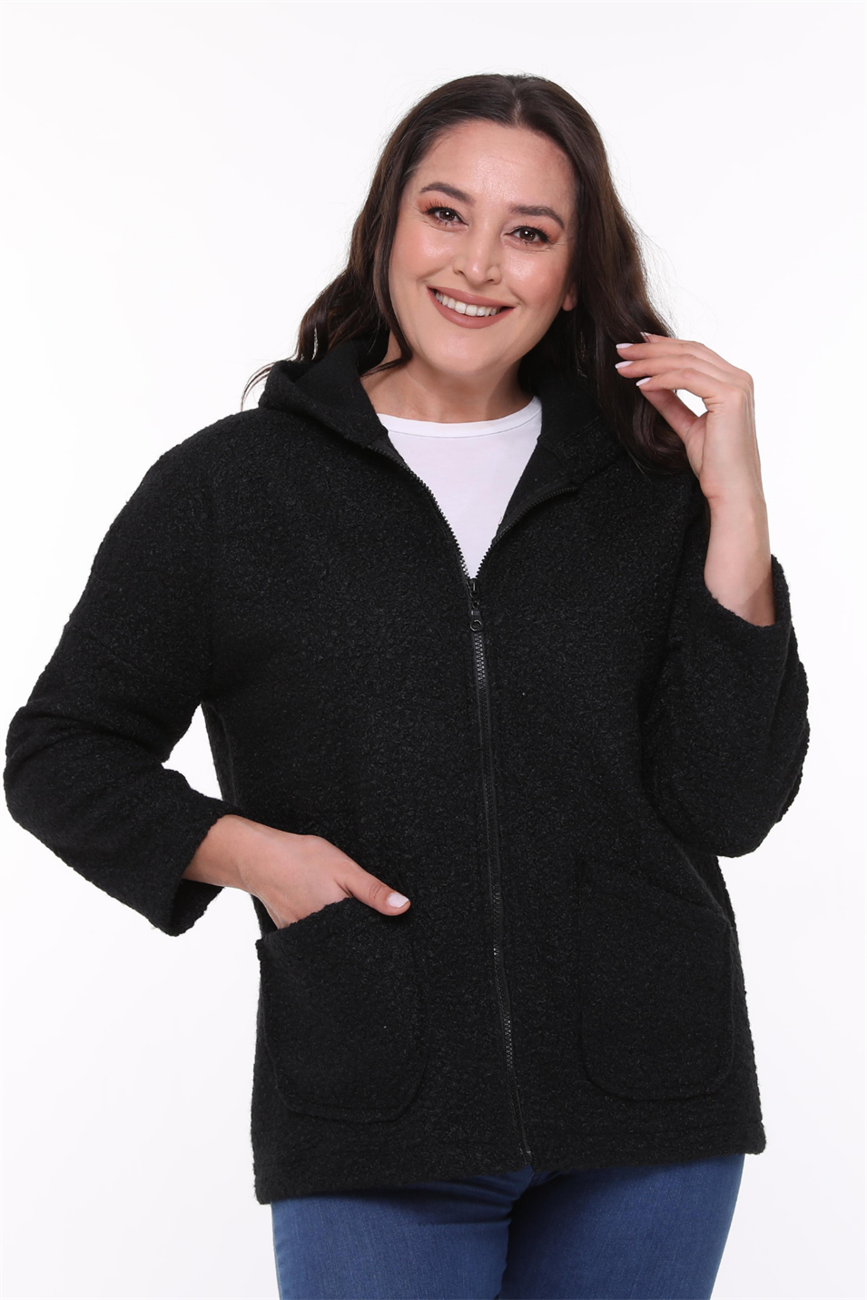 Kapüşonlu Buklet Büyük Beden Kısa Mont Siyah