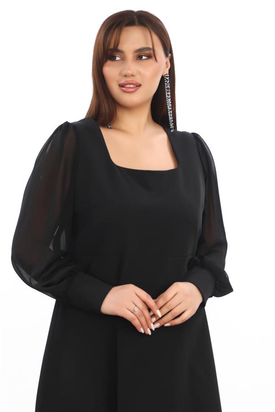 Kare Yaka Büyük Beden Şifon Elbise Siyah