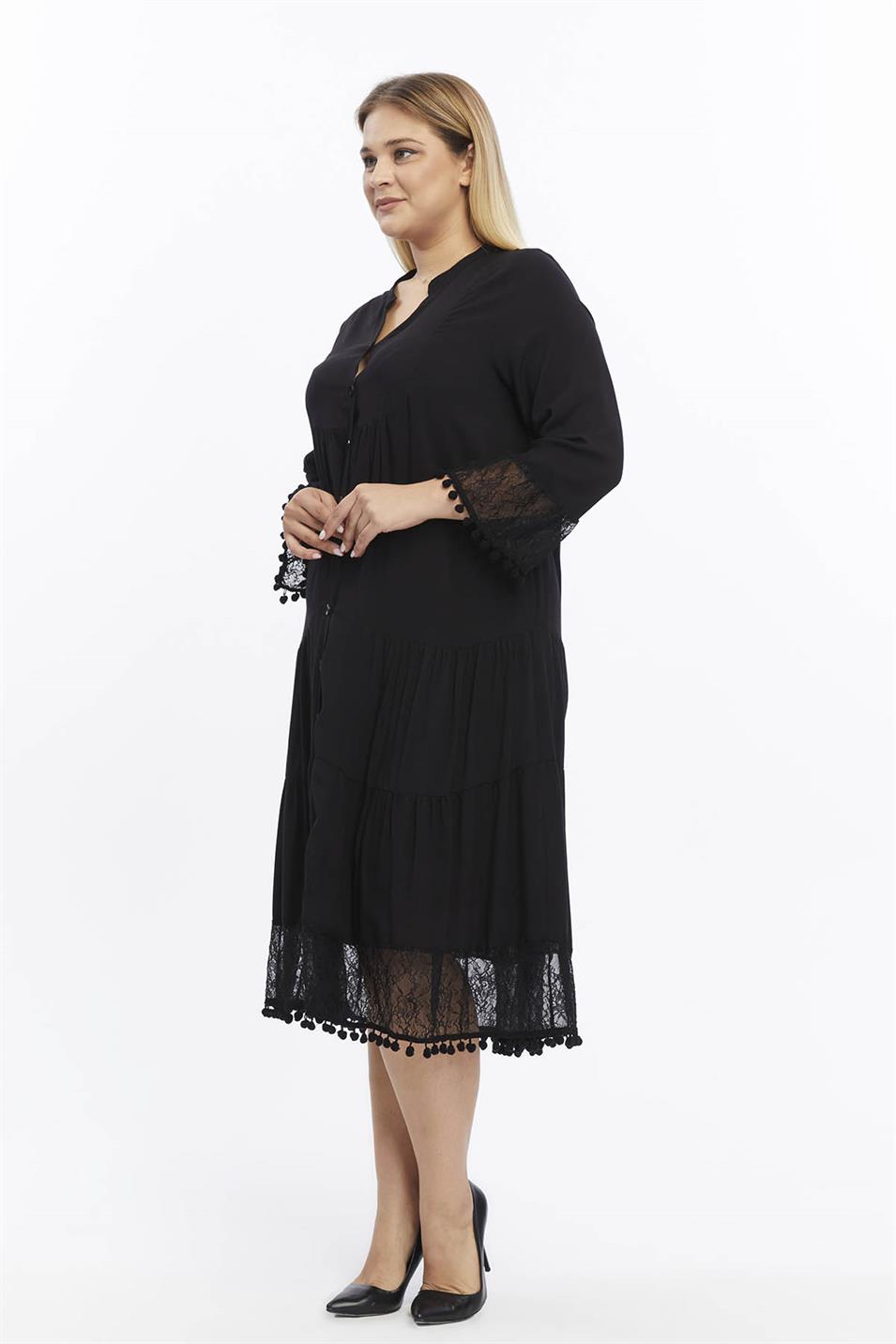 Kol Ve Eteği Dantel Detaylı Ponponlu Büyük Beden Elbise Siyah