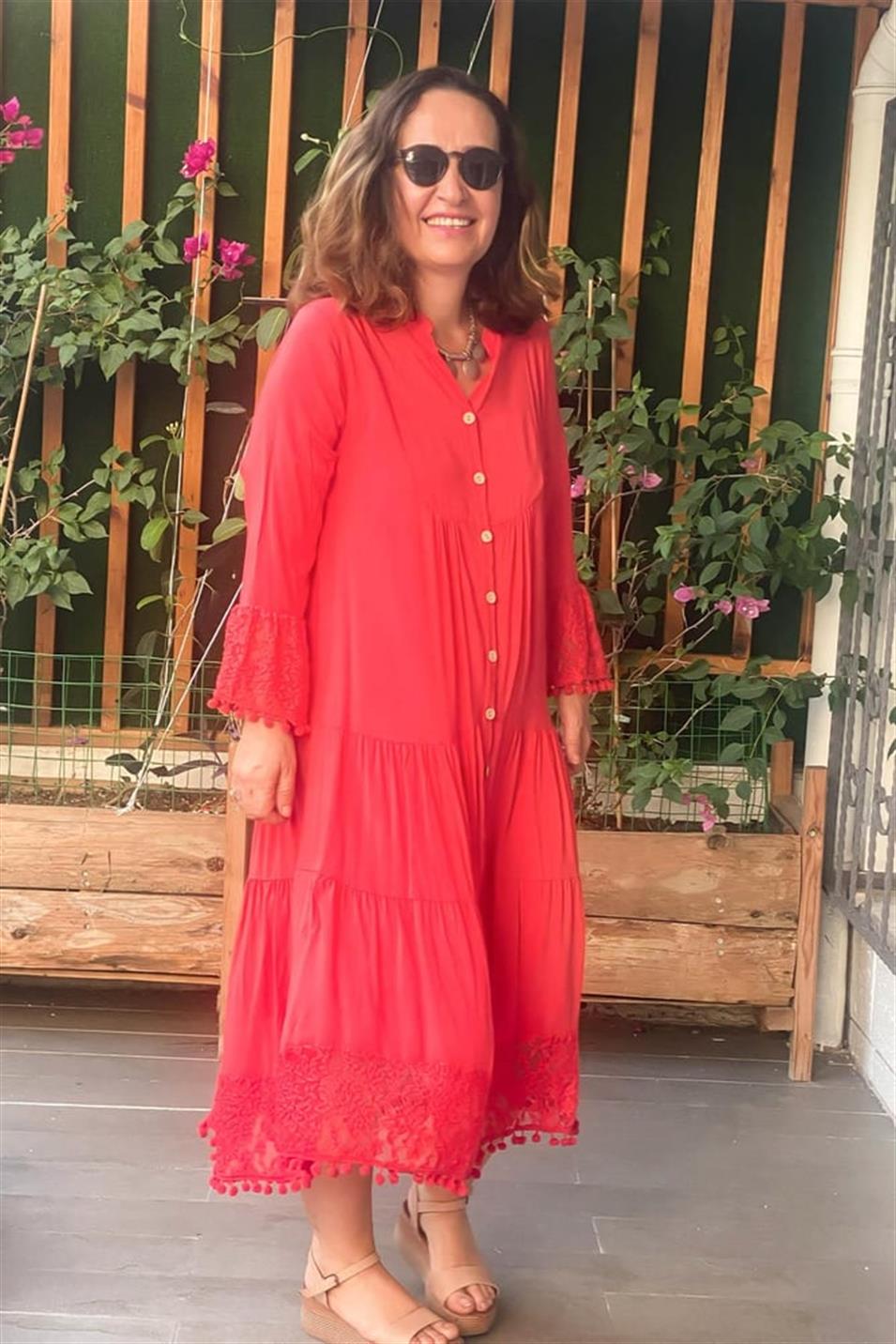 Kol Ve Eteği Dantel Detaylı Ponponlu Büyük Beden Elbise Mercan2