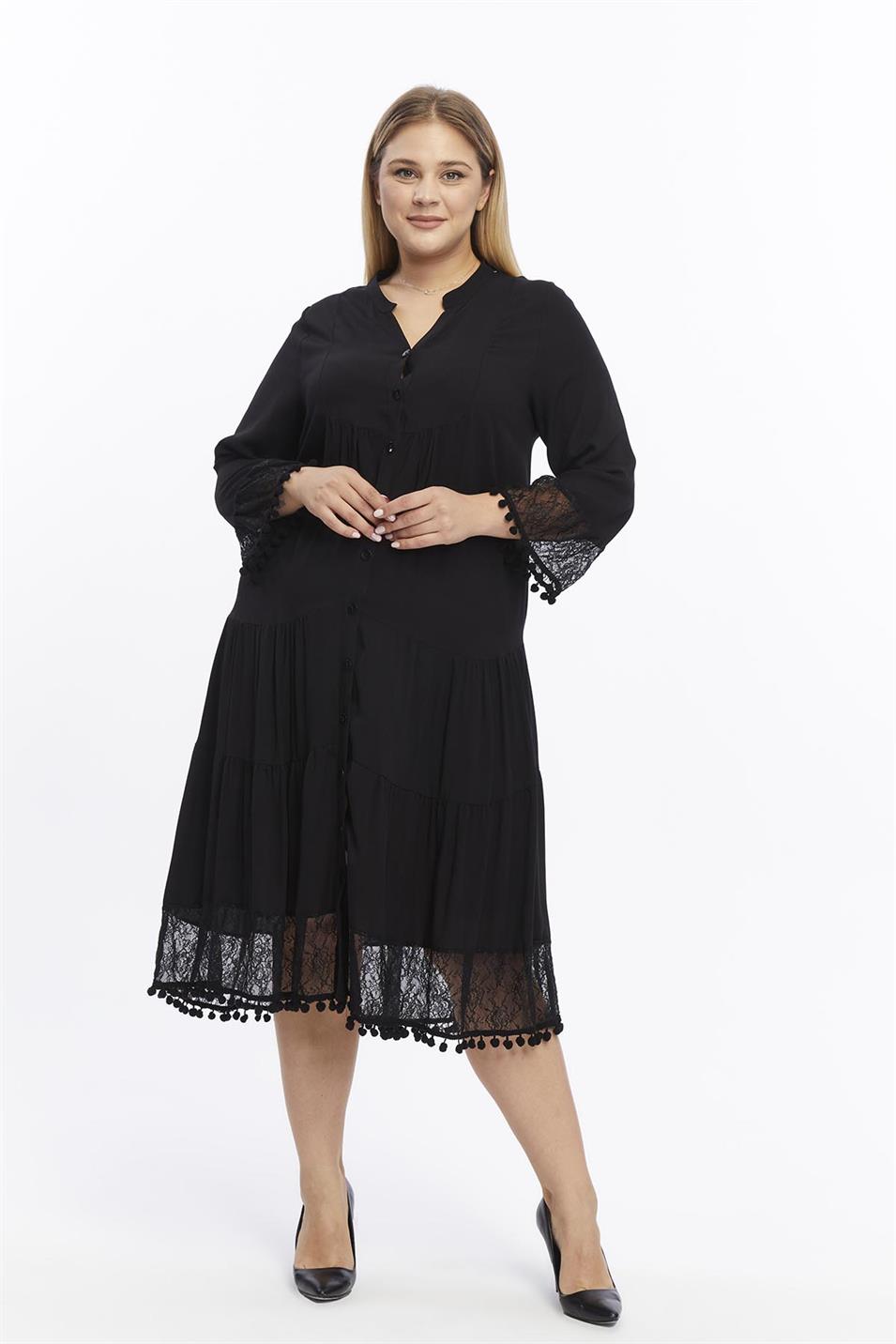 Kol Ve Eteği Dantel Detaylı Ponponlu Büyük Beden Elbise Siyah