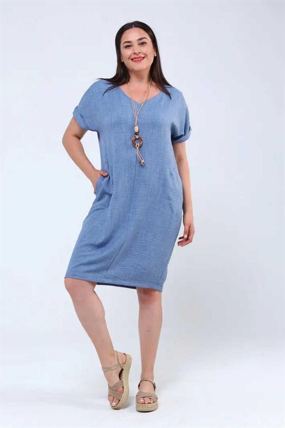 Kolyeli Büyük Beden Keten Ayrobin Elbise Mavi