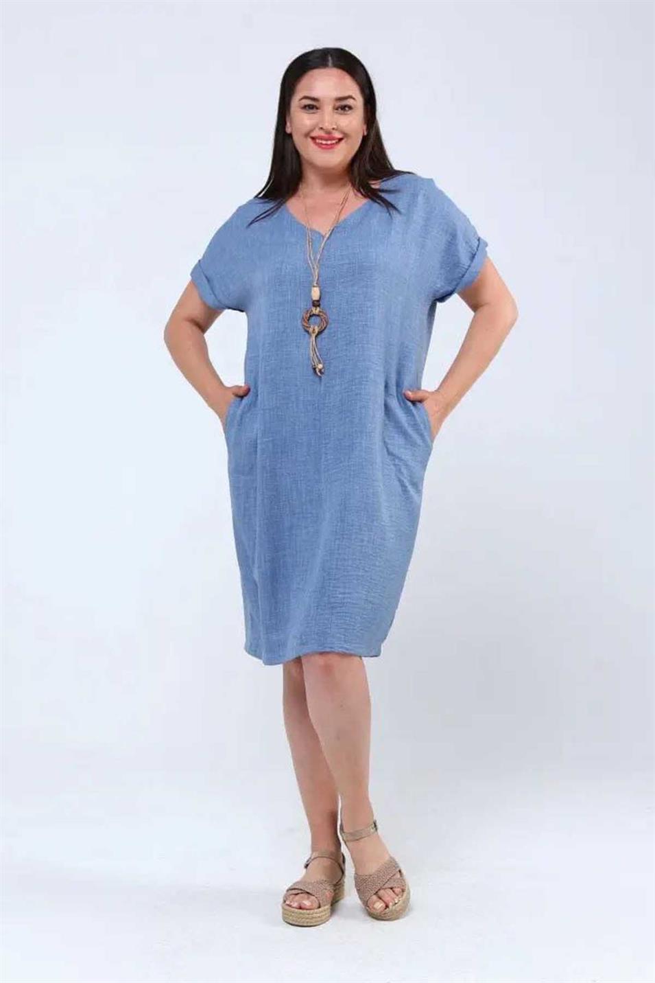 Kolyeli Büyük Beden Keten Ayrobin Elbise Mavi
