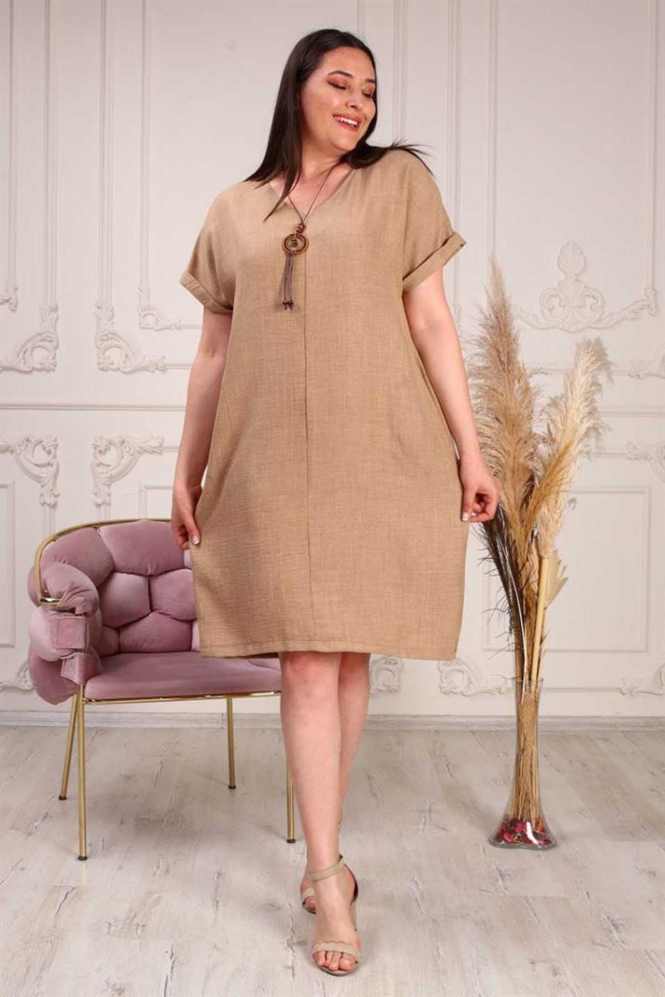 Kolyeli Büyük Beden Keten Ayrobin Elbise Camel