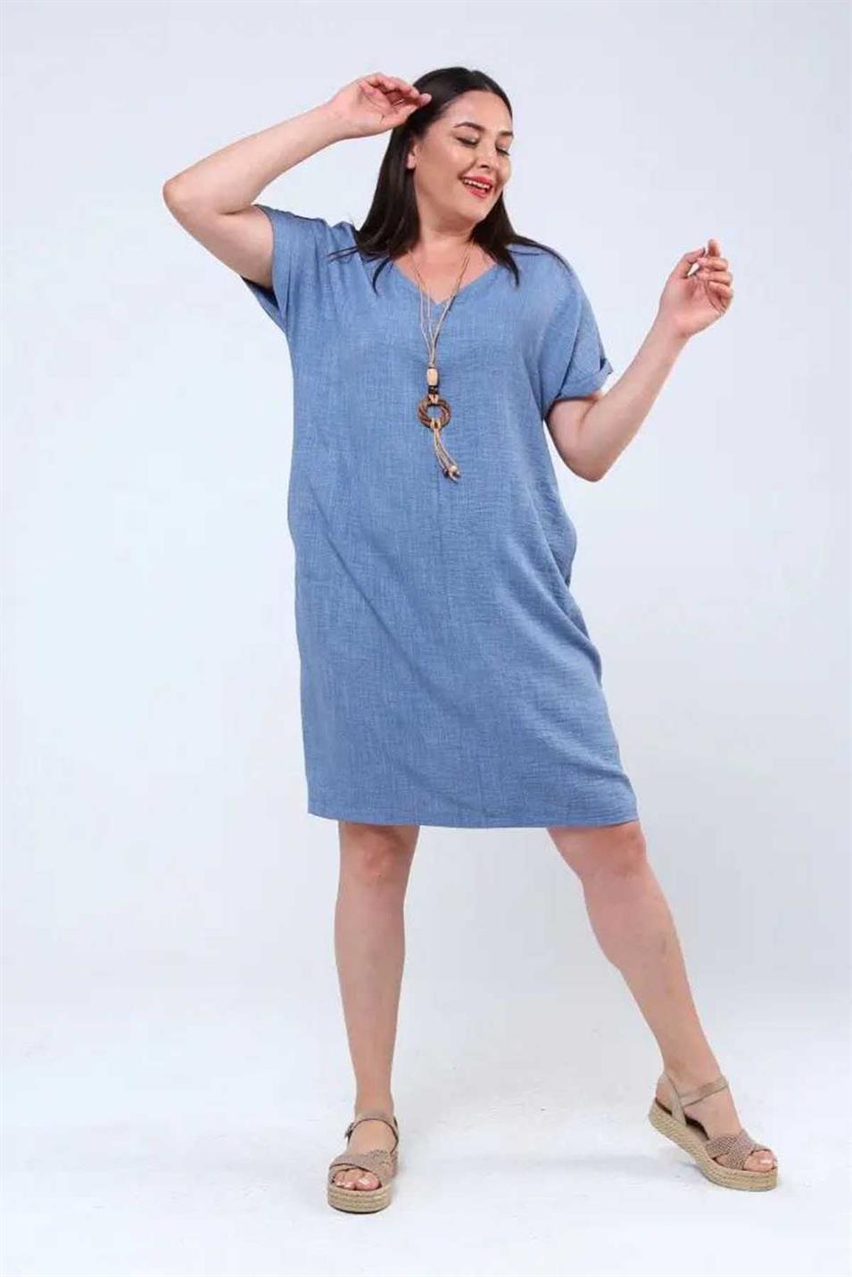 Kolyeli Büyük Beden Keten Ayrobin Elbise Mavi