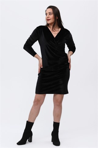 Kruvaze Yaka Büyük Beden Kadife Elbise Siyah