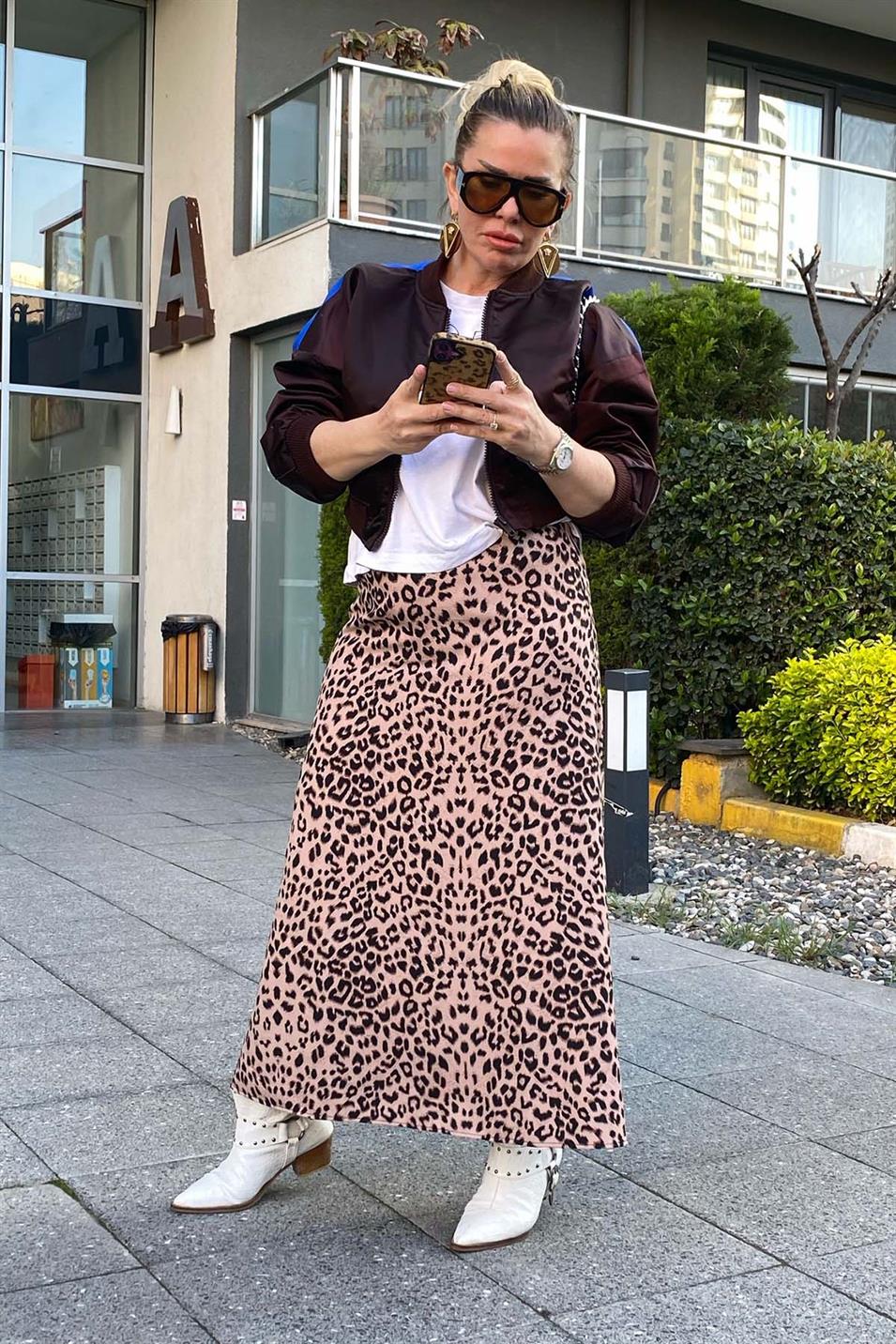 Leopar Desen Büyük Beden Etek Vizon