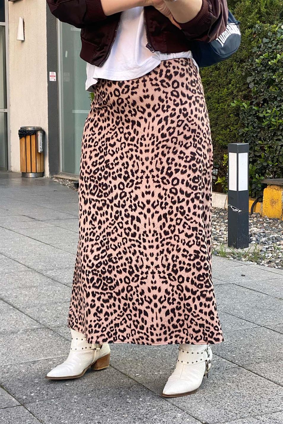 Leopar Desen Büyük Beden Etek Vizon