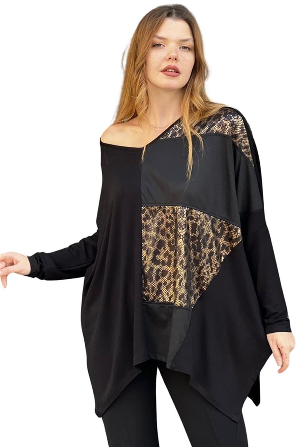 Leopar Detaylı Salaş Bluz Siyah
