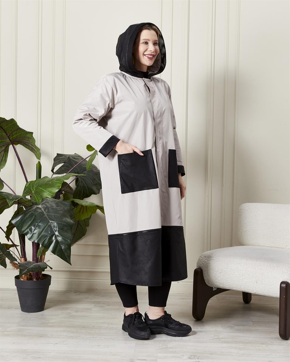 Modern Kesim Kapüşonlu Yağmurluk Krem