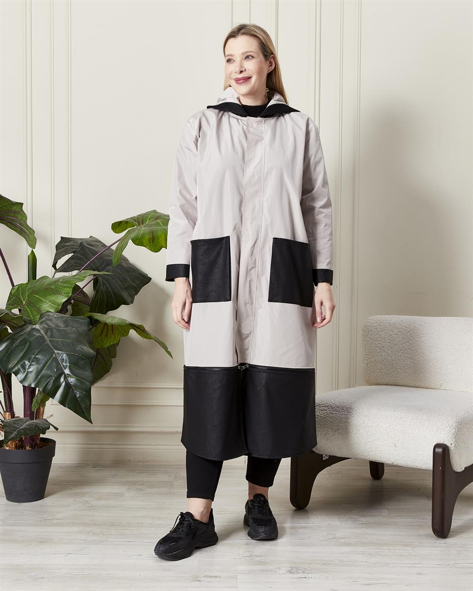 Modern Kesim Kapüşonlu Yağmurluk Krem