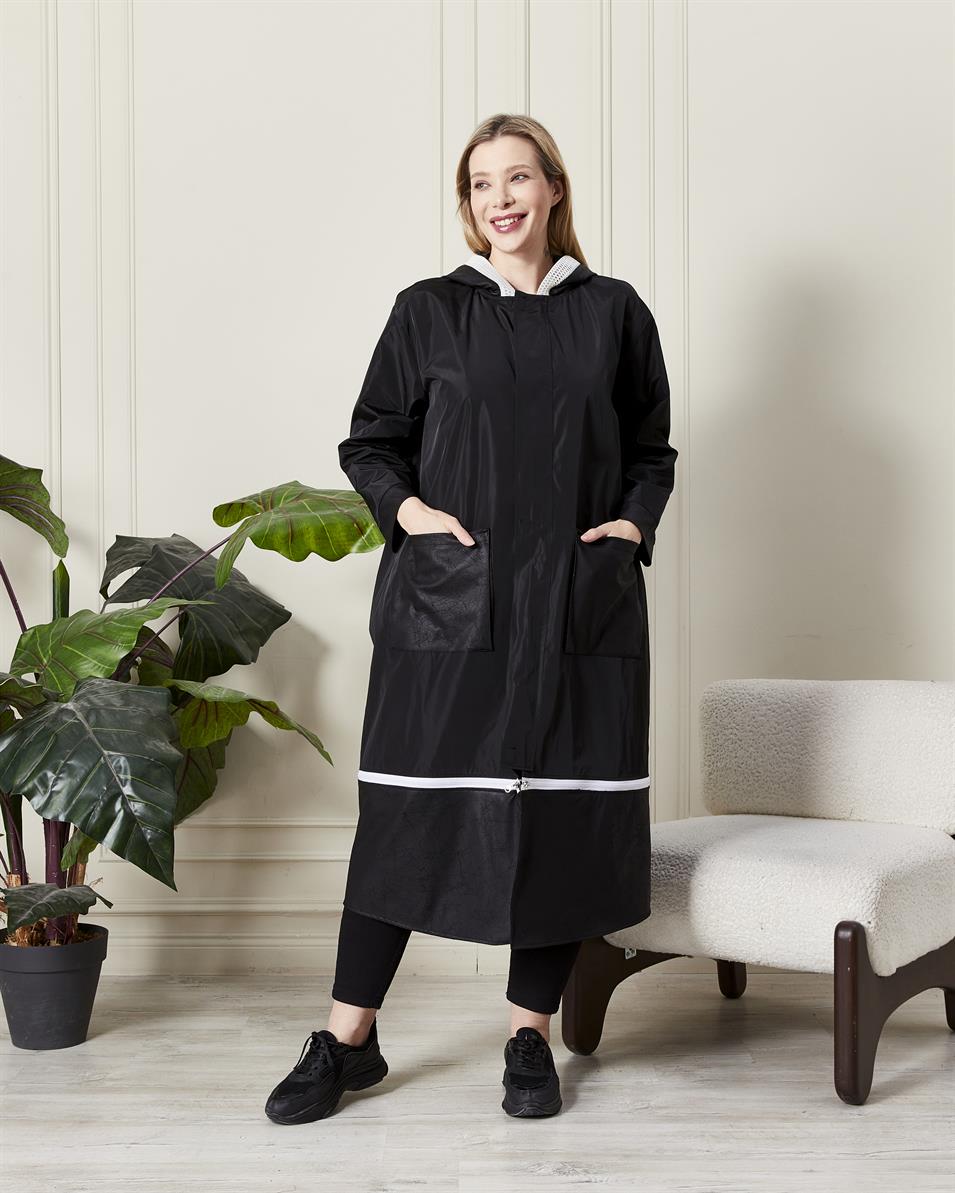 Modern Kesim Kapüşonlu Yağmurluk Siyah