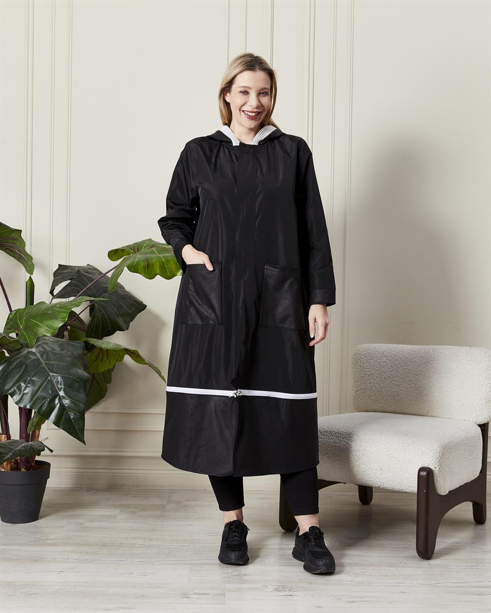 Modern Kesim Kapüşonlu Yağmurluk Siyah