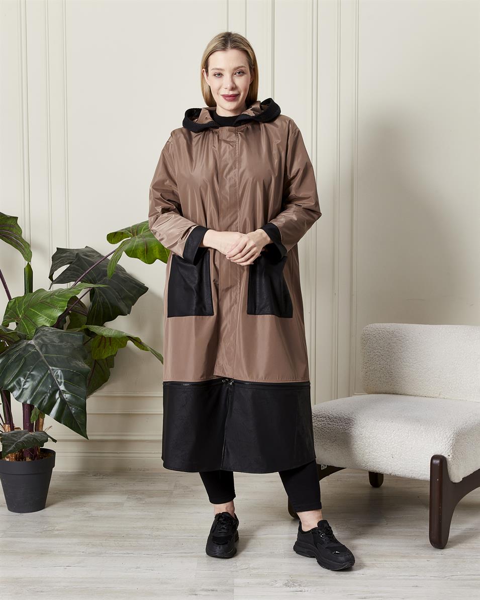 Modern Kesim Kapüşonlu Yağmurluk Vizon