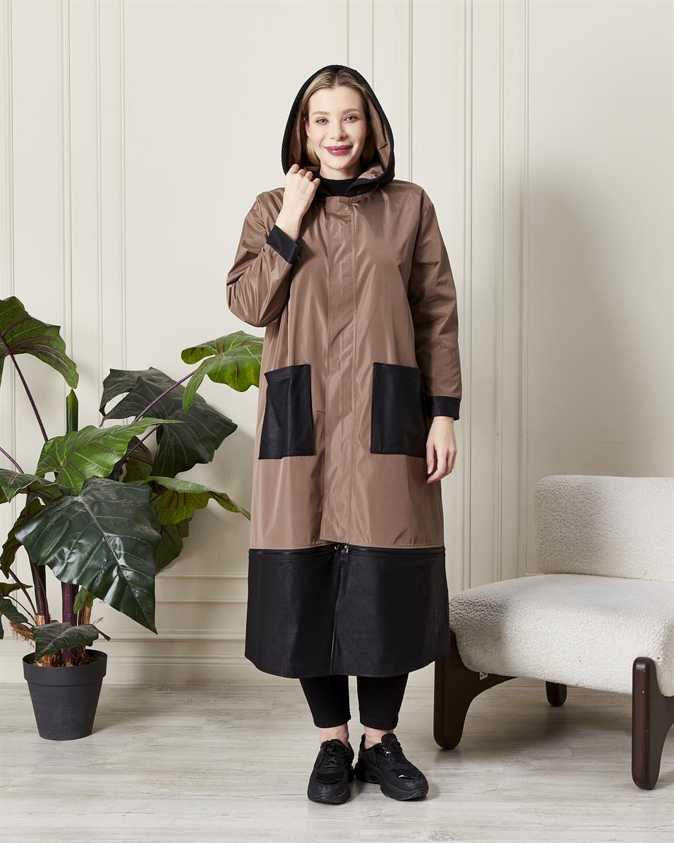 Modern Kesim Kapüşonlu Yağmurluk Vizon