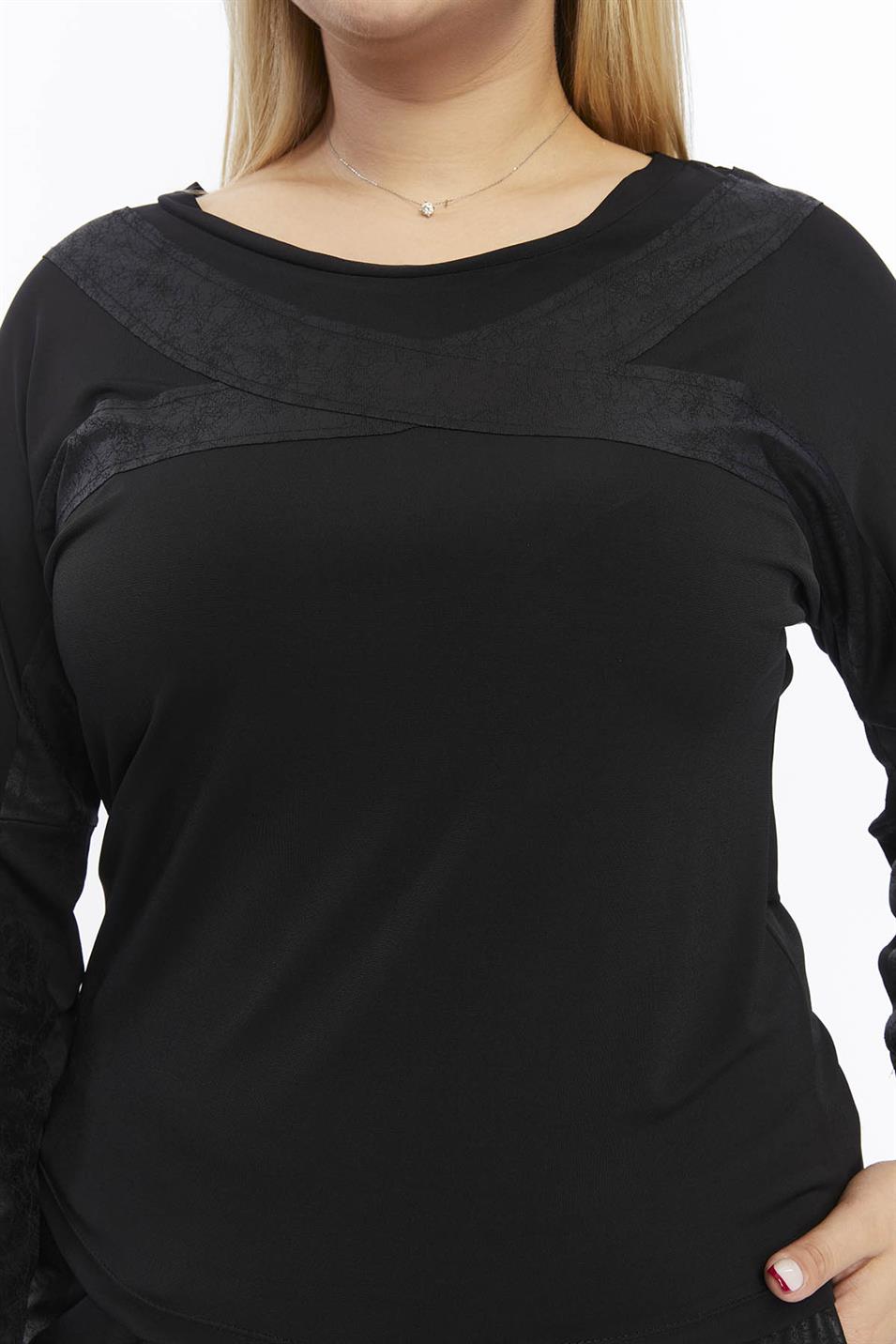 Önü Çapraz Deri Detaylı Büyük Beden Bluz Siyah