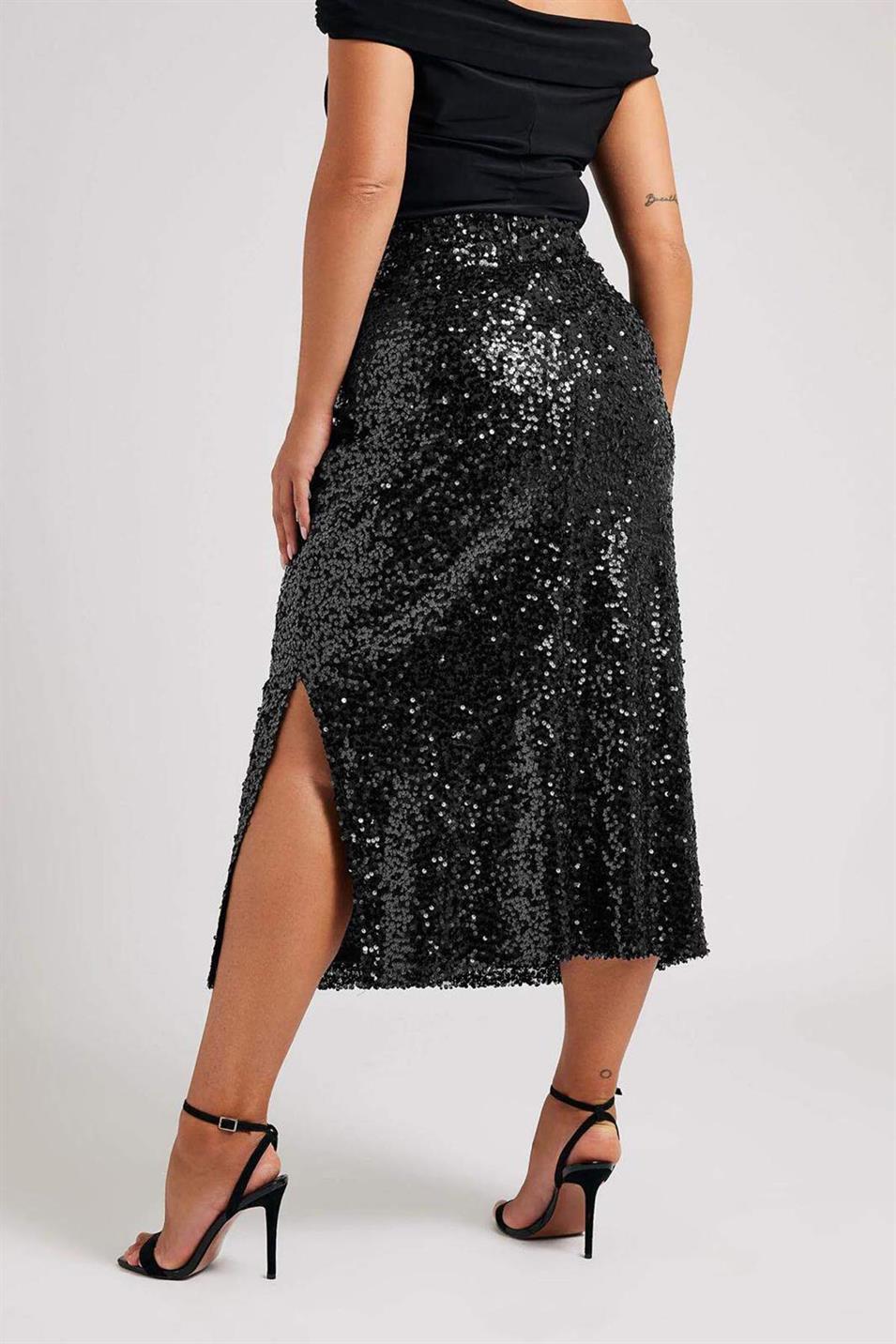 Payetli Yırtmaç Detaylı Büyük Beden Etek GLS6001 Siyah