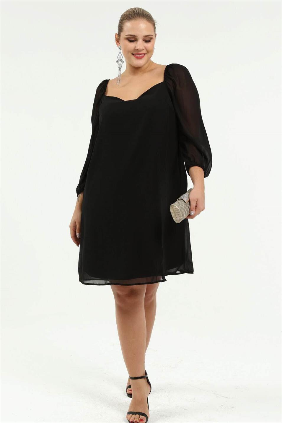 Prenses Kol Büyük Beden Şifon Elbise KL8043 Siyah