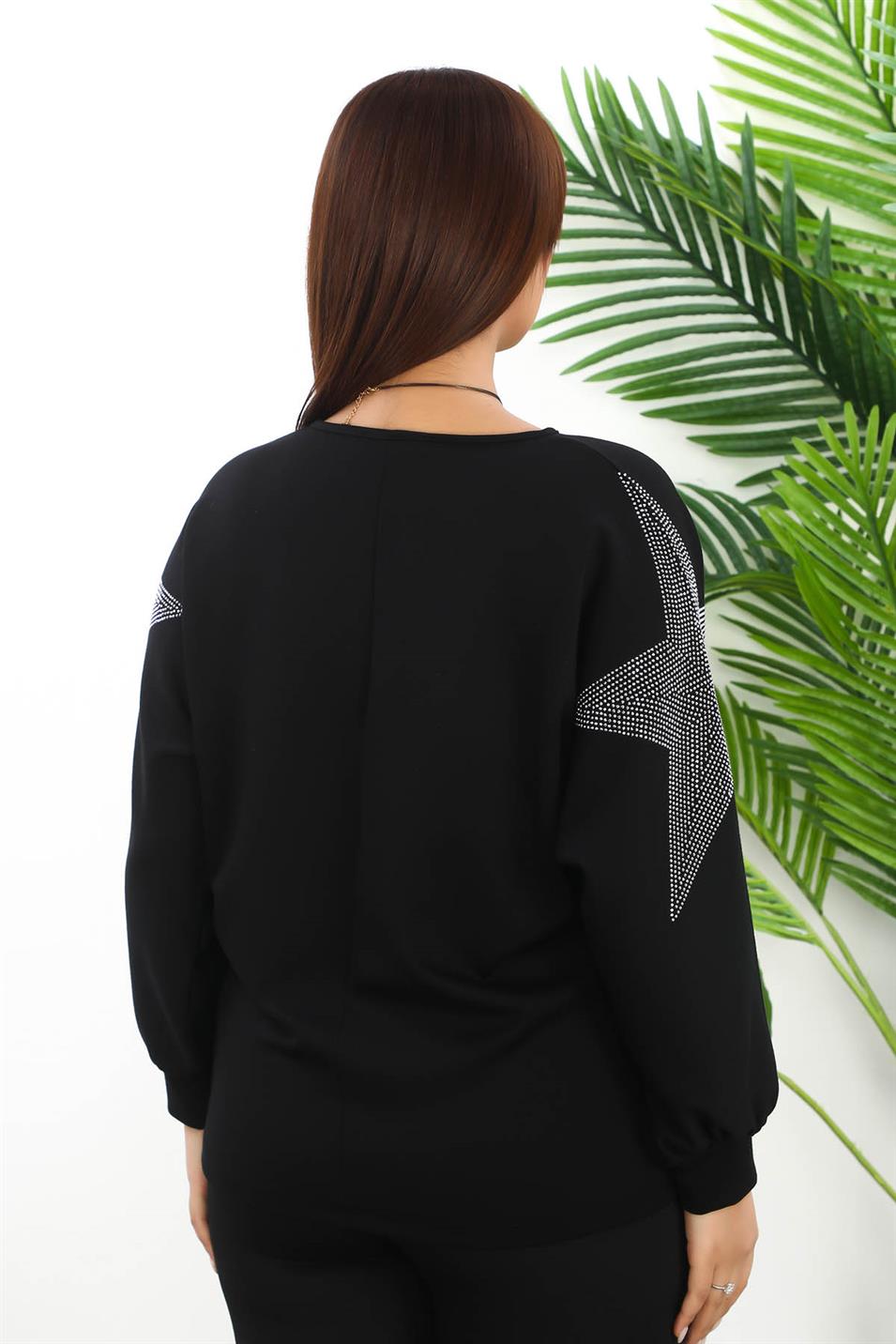 Taşlı Yıldız Baskılı Modal Kumaş Büyük Beden Bluz Siyah