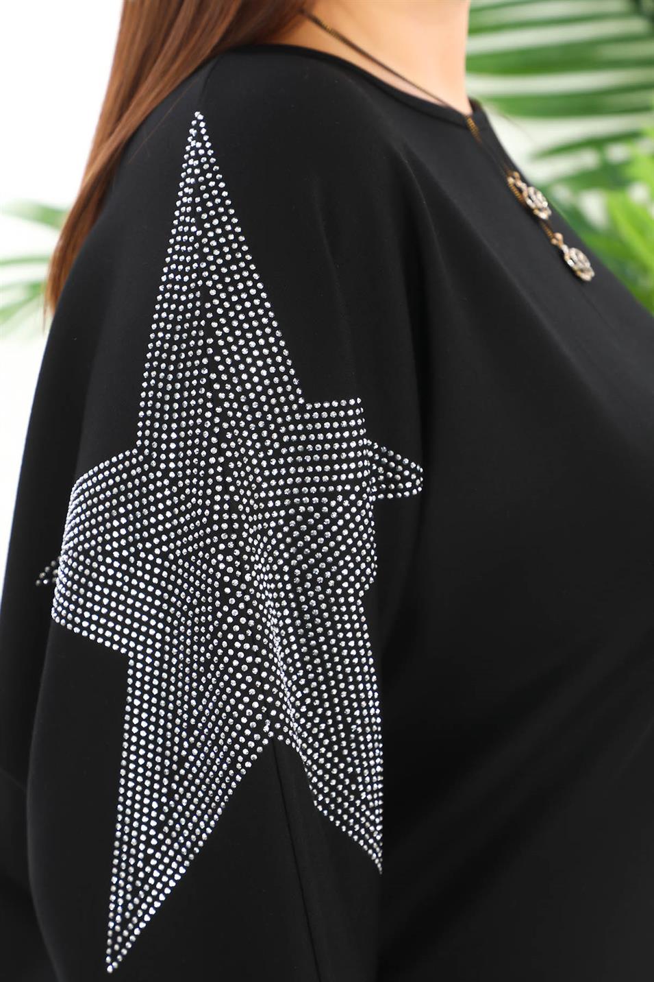 Taşlı Yıldız Baskılı Modal Kumaş Büyük Beden Bluz Siyah