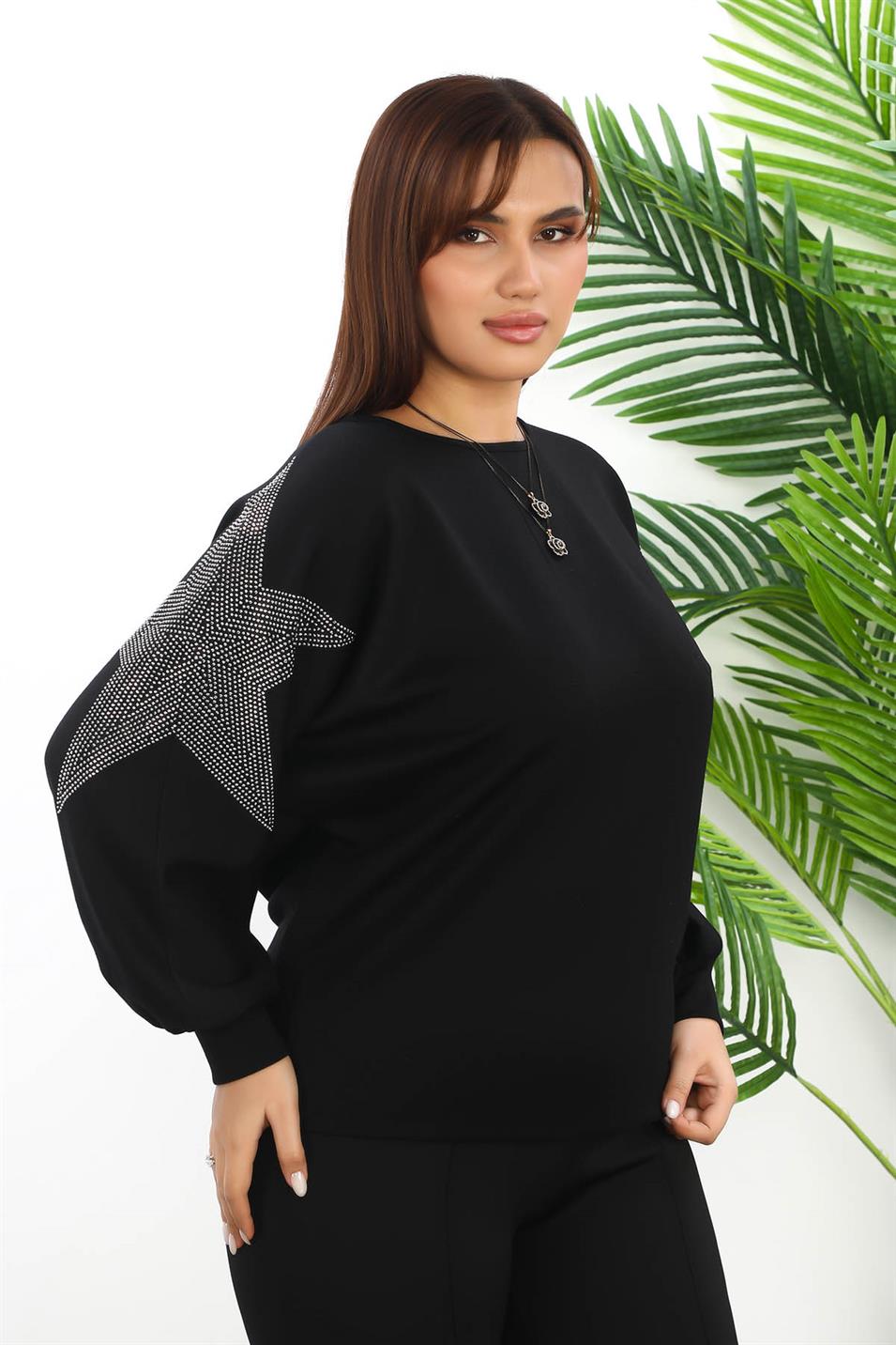 Taşlı Yıldız Baskılı Modal Kumaş Büyük Beden Bluz Siyah