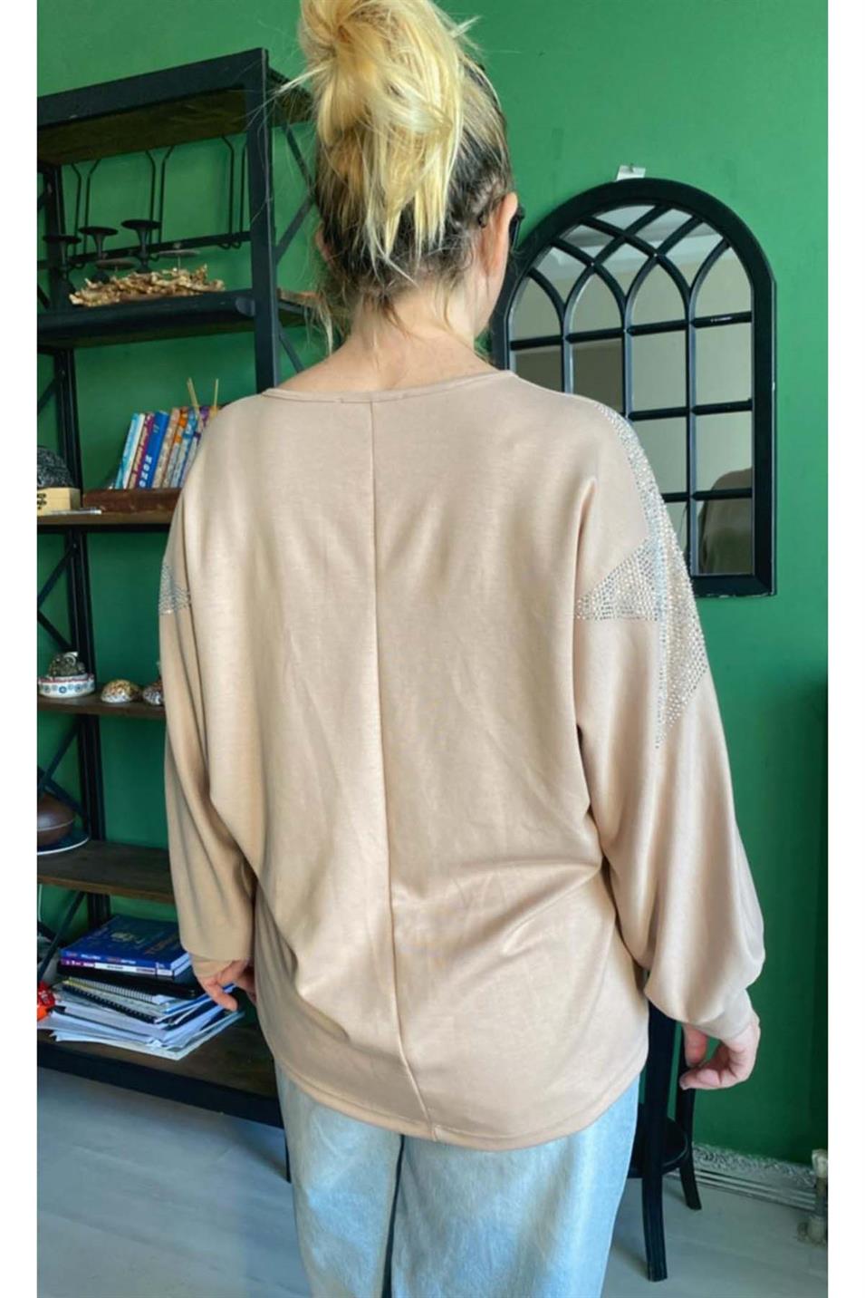 Taşlı Yıldız Baskılı Modal Kumaş Büyük Beden Bluz Taş