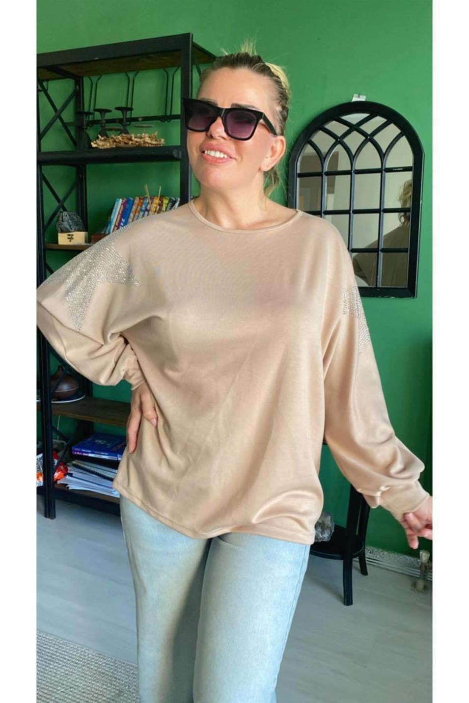 Taşlı Yıldız Baskılı Modal Kumaş Büyük Beden Bluz Taş