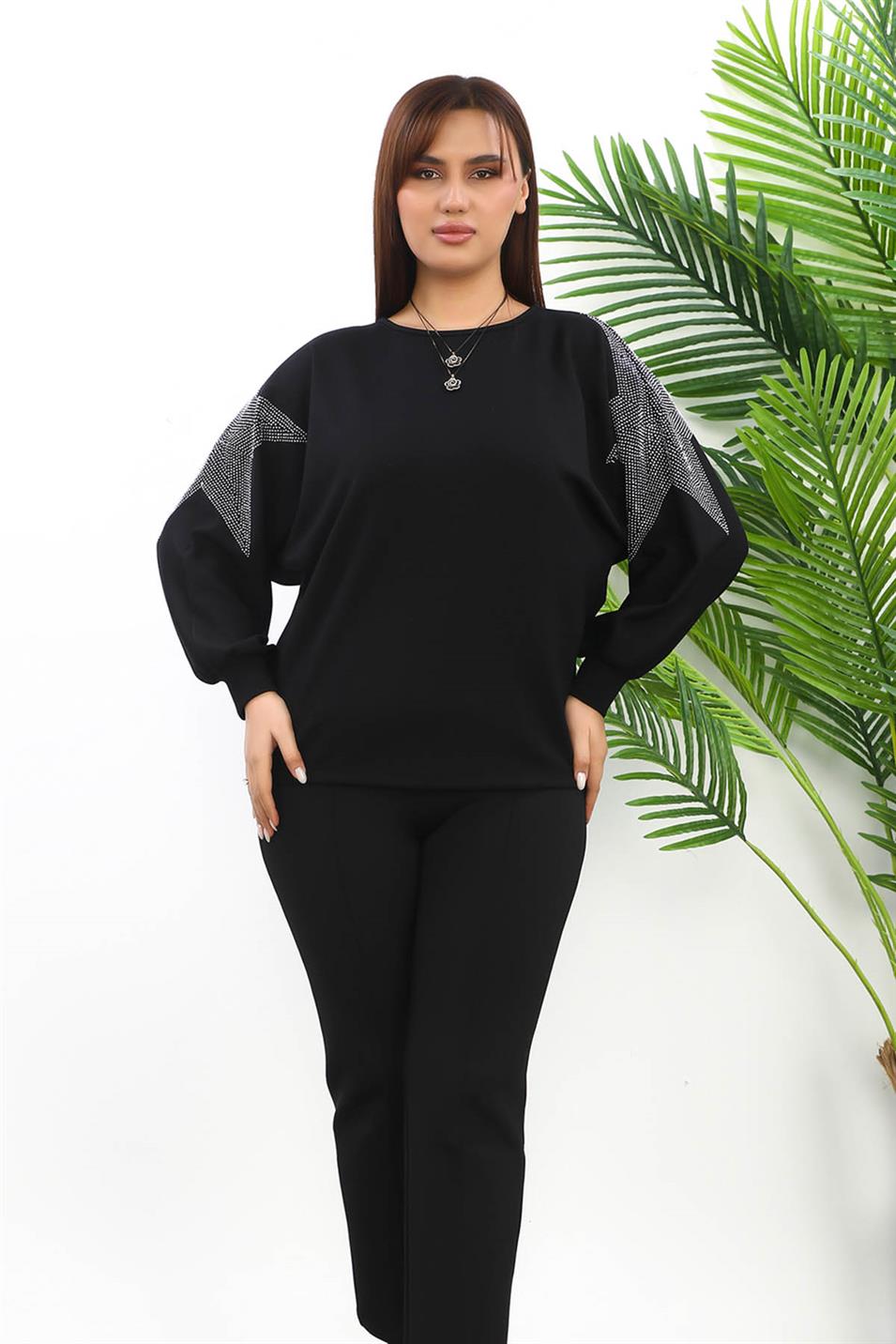 Taşlı Yıldız Baskılı Modal Kumaş Büyük Beden Bluz Siyah