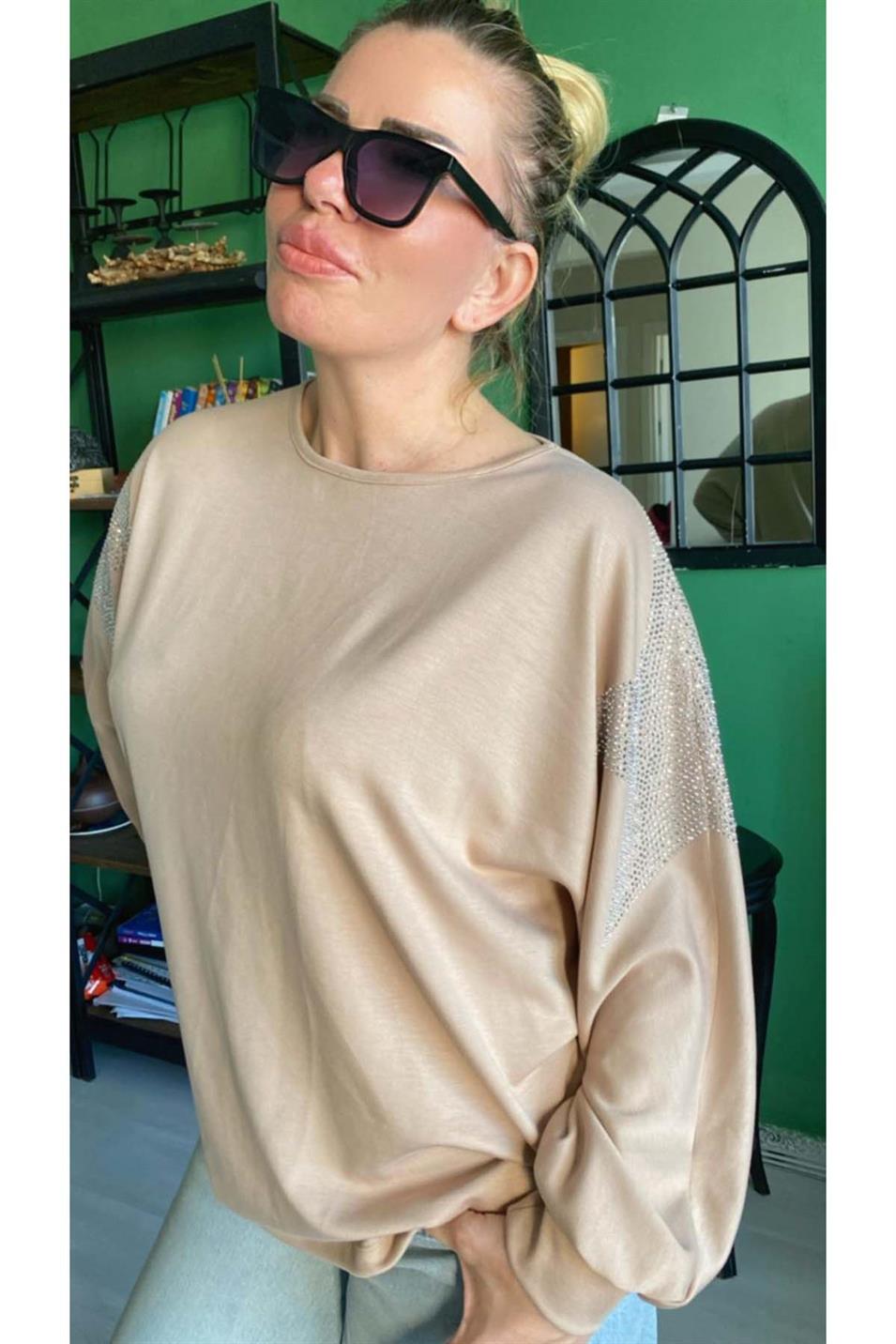 Taşlı Yıldız Baskılı Modal Kumaş Büyük Beden Bluz Taş