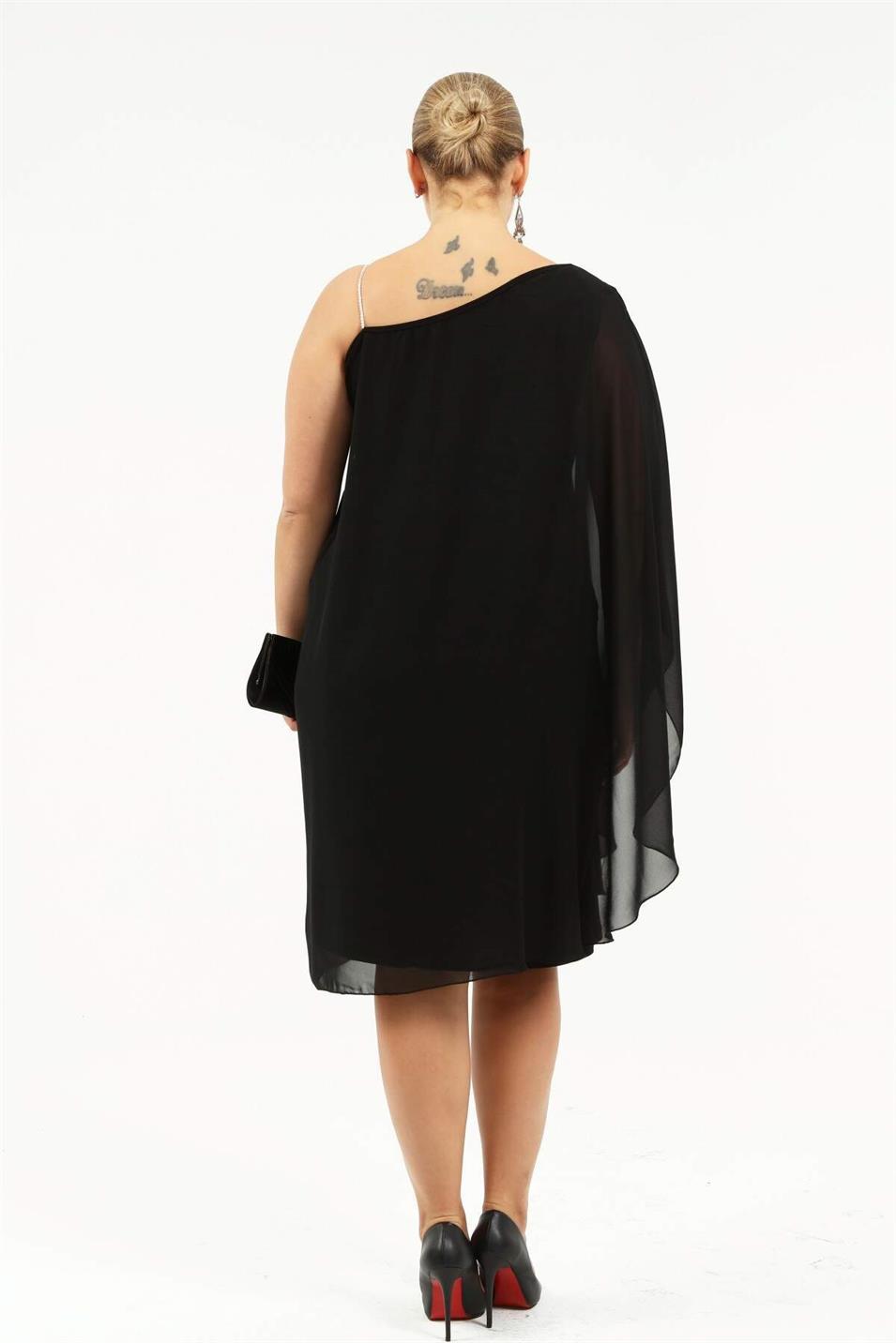 Tek Omuz Taş Askılı Büyük Beden Abiye Elbise 6060K Siyah