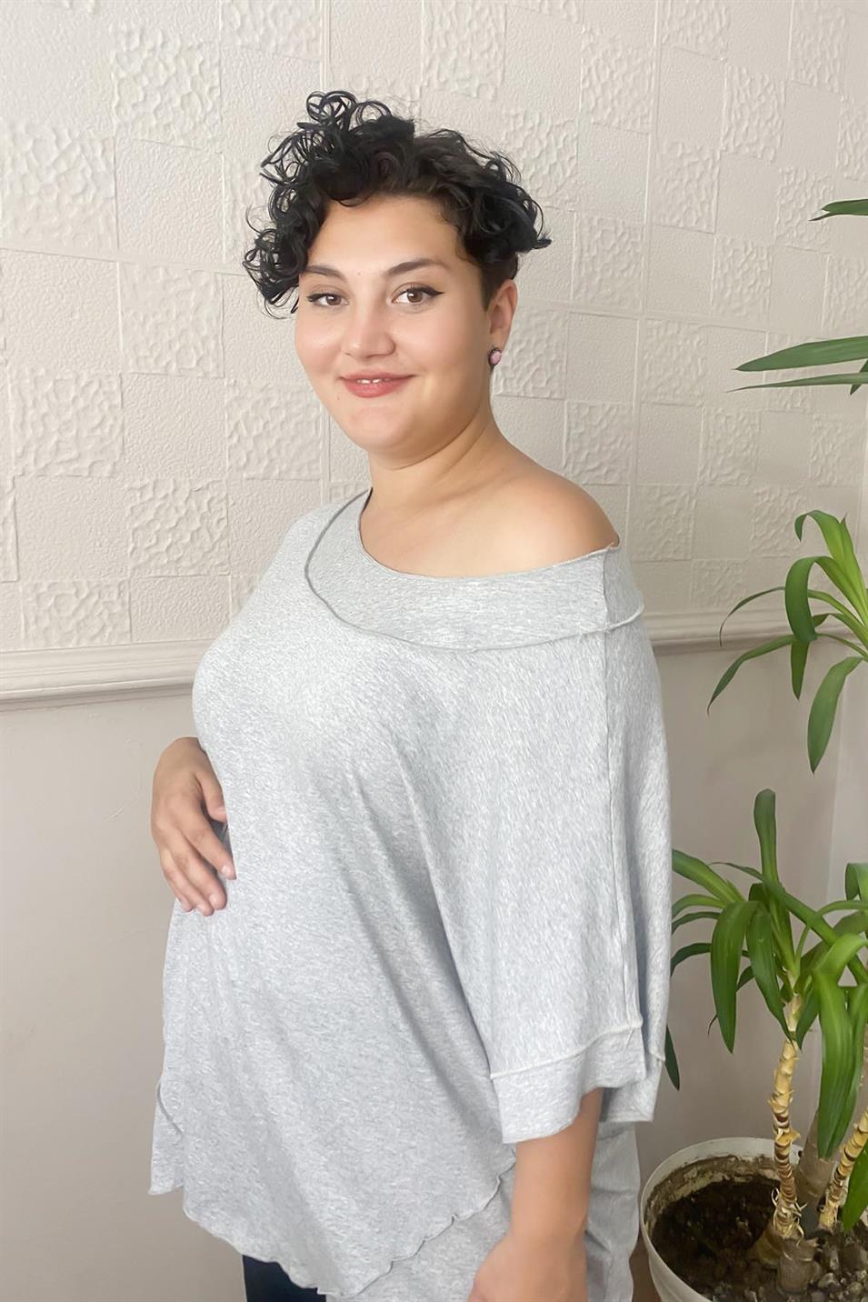Ters Dikişli Salaş Büyük Beden Penye Bluz Gri