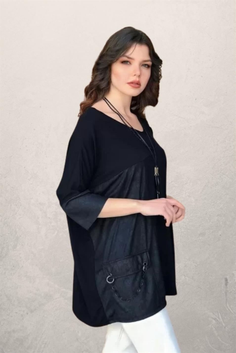 V Yaka 3/4 Kol Zincirli Cep Detaylı Büyük Beden Bluz Siyah