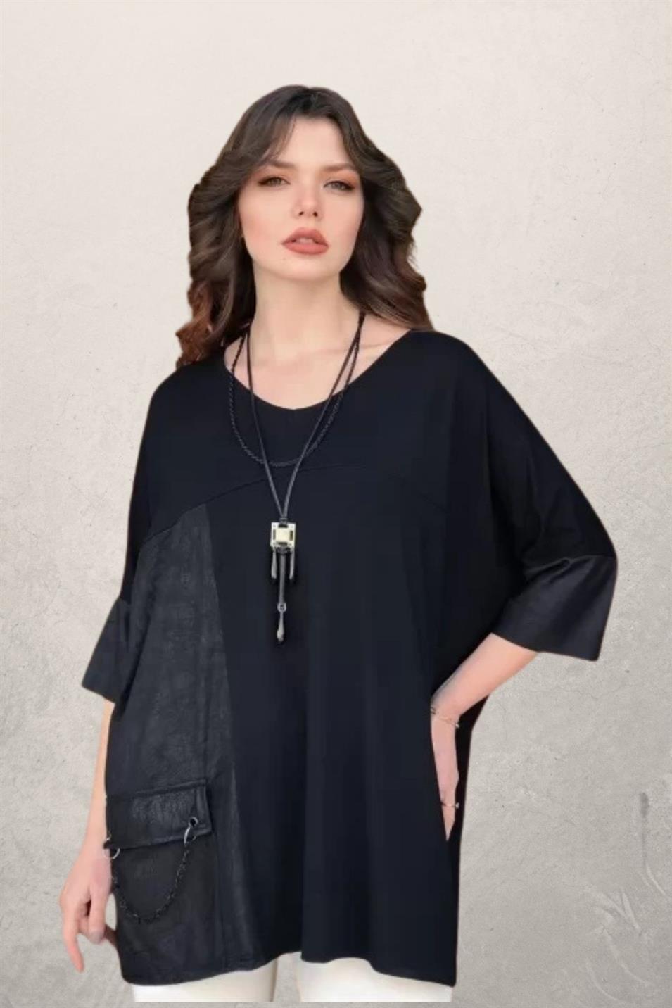 V Yaka 3/4 Kol Zincirli Cep Detaylı Büyük Beden Bluz Siyah