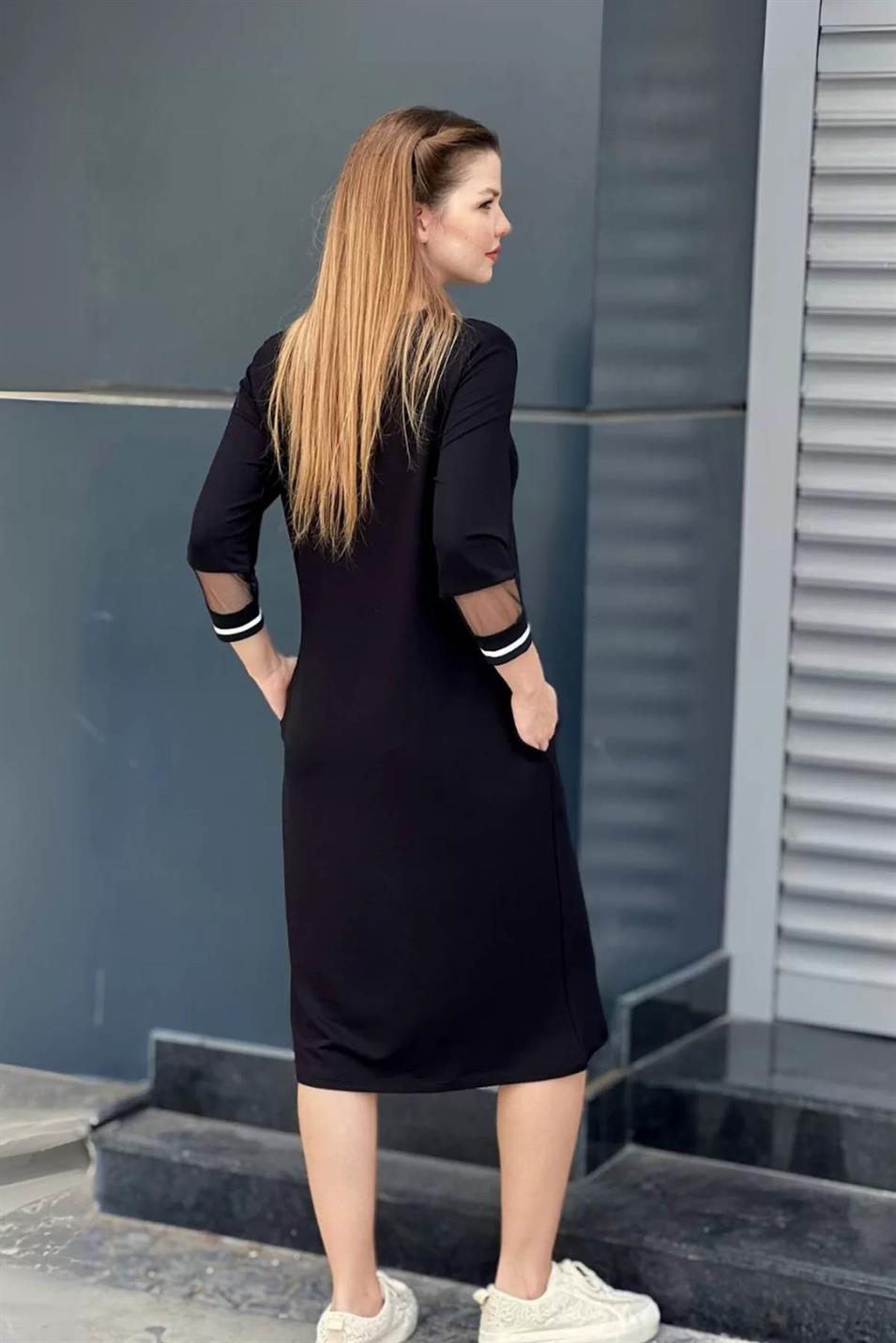 V Yaka Cepli Midi Boy Elbise Siyah