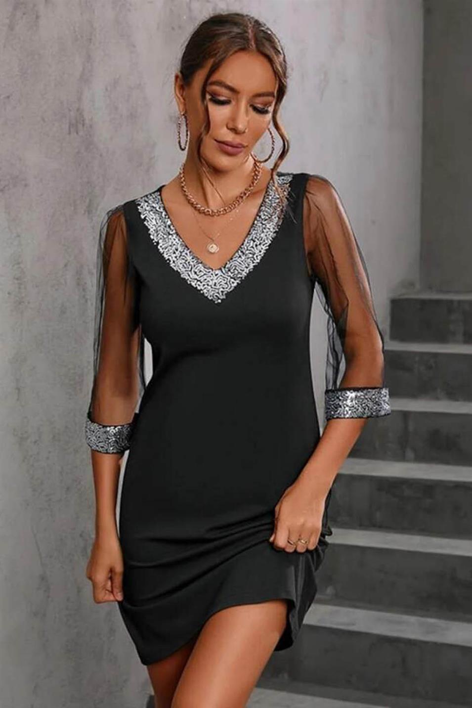 V Yaka Kolları Tül Payet Detay Büyük Beden Abiye Elbise Siyah