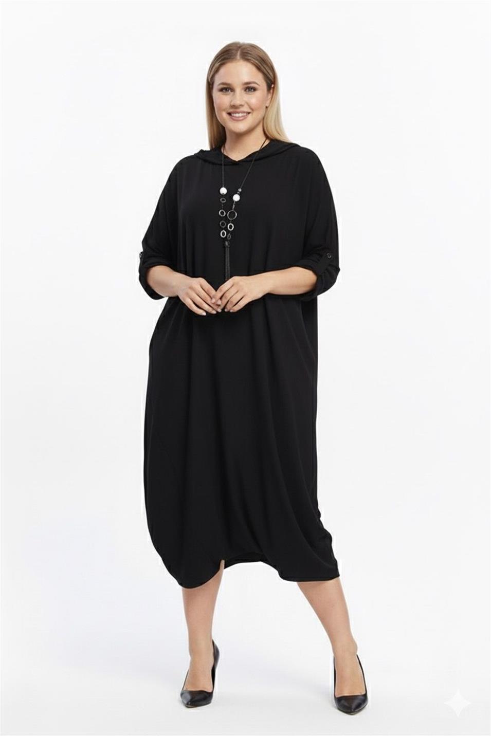 Viskon Likralı Oversize Elbise Siyah Siyah