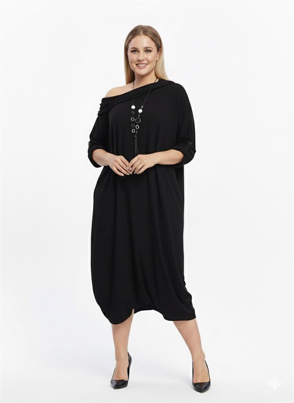 Viskon Likralı Oversize Elbise Siyah Siyah