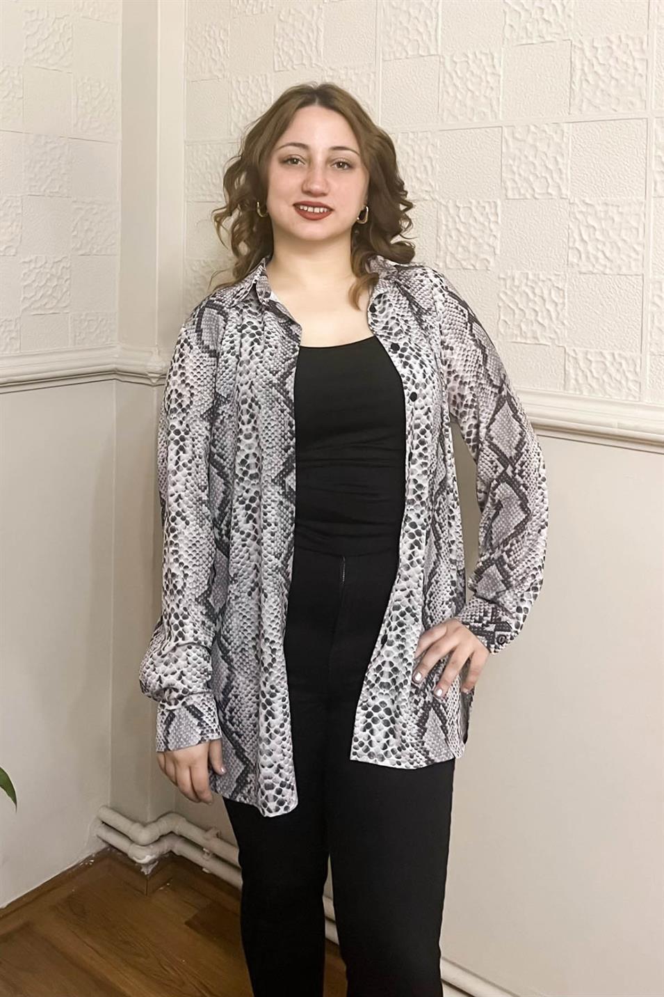 Yılan Desen Gömlek Gri