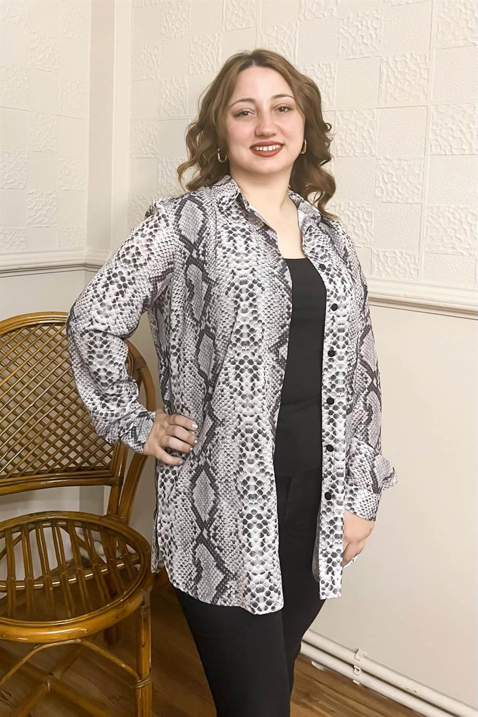 Yılan Desen Gömlek Gri