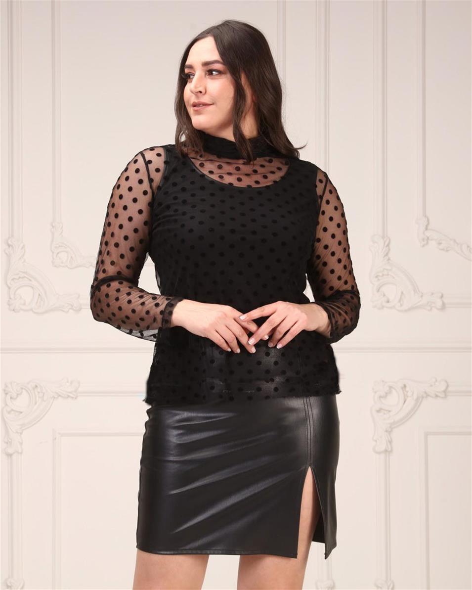 Yırtmaçlı Büyük Beden Deri Etek Siyah