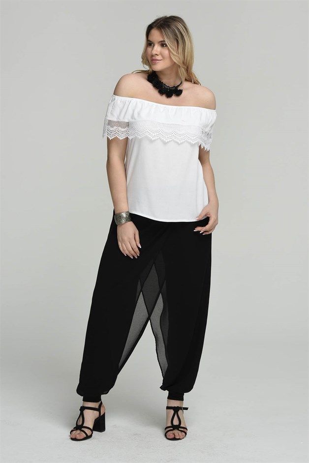 Anvelop Şifon Katlı Büyük Beden Şalvar Pantolon Siyah