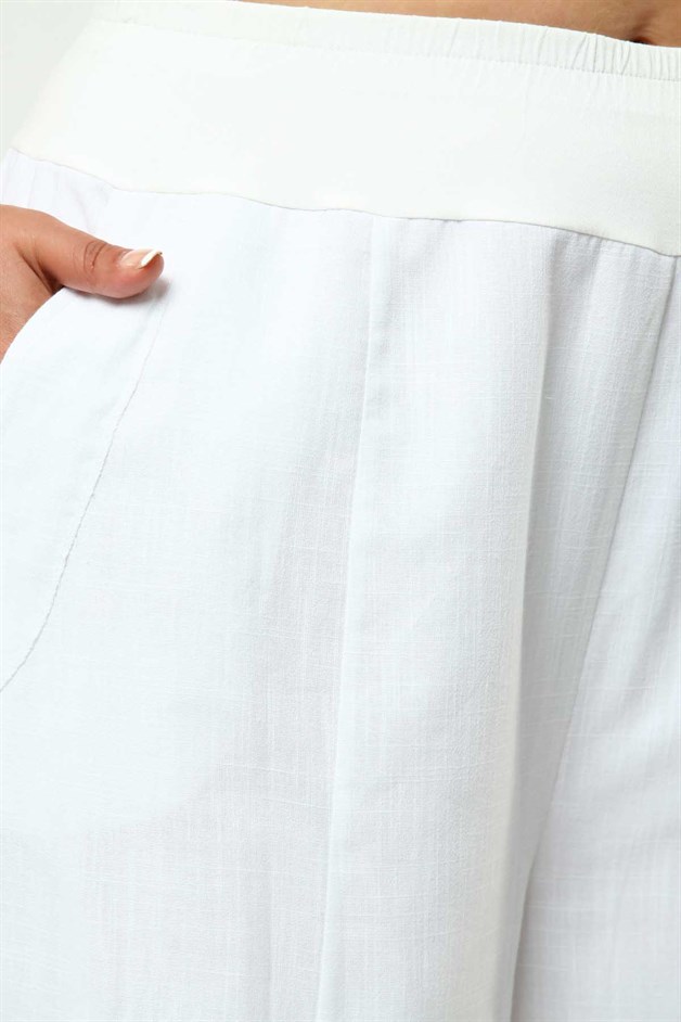 Bol Paça Büyük Beden Keten Pantolon Beyaz