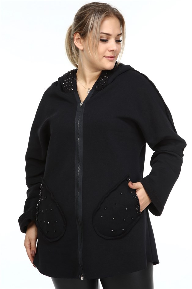 Boncuk Detay Üç İplik Büyük Beden Mont Siyah