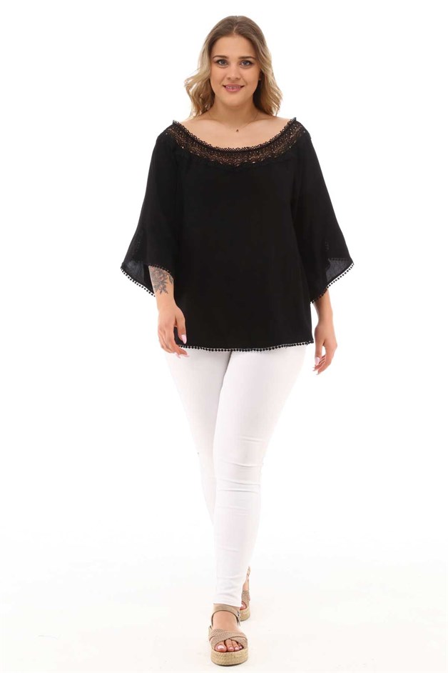 Dantel Yakalı Büyük Beden Bluz Siyah