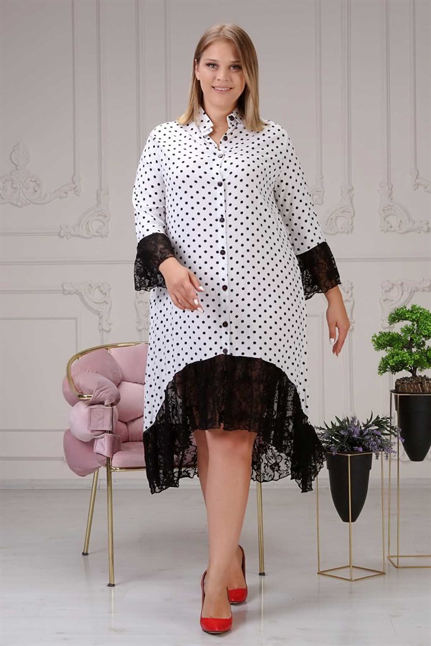 Eteği Dantel Puantiyeli Gömlek Elbise Beyaz